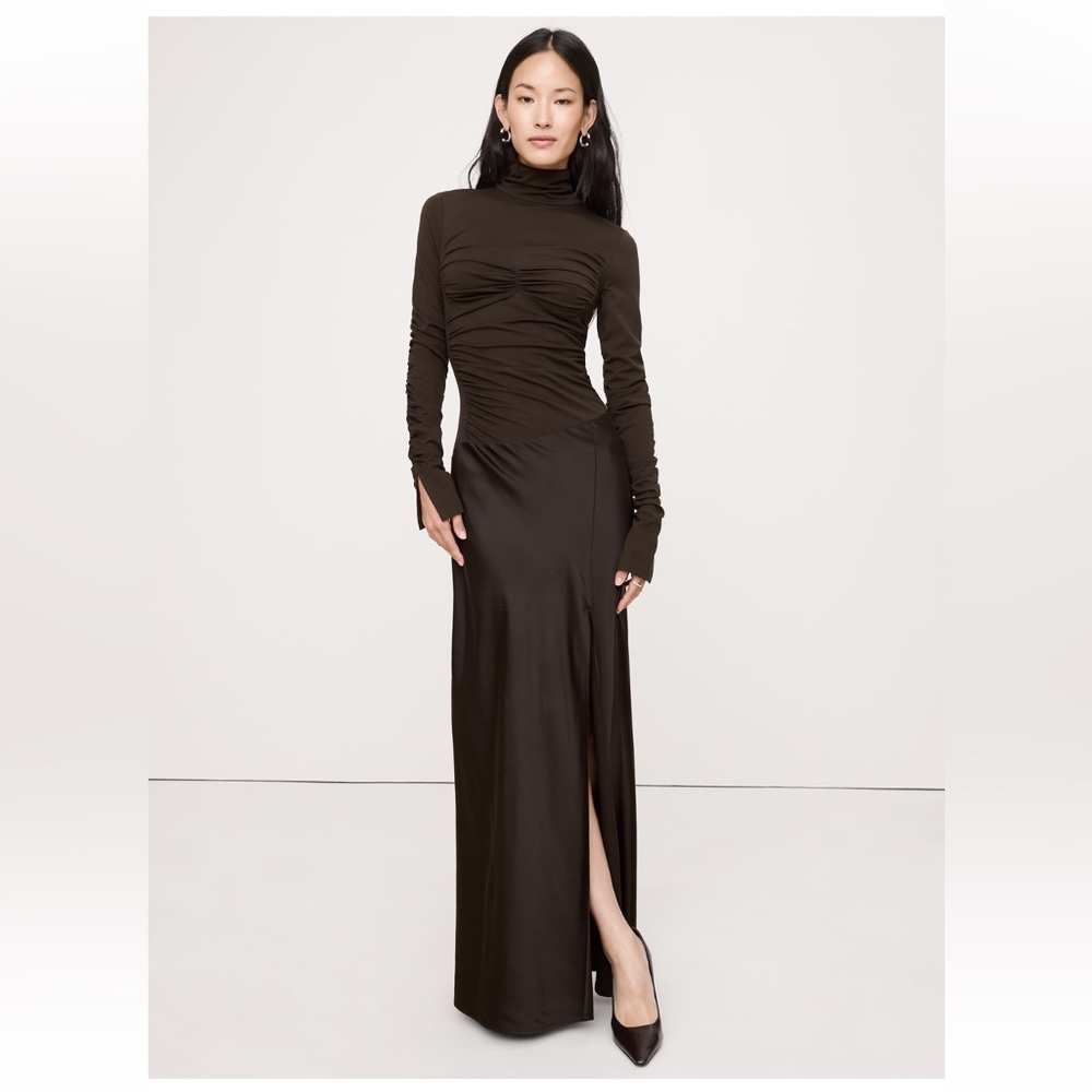 NWOT Banana Republic Jersey & Stretch-Satin Ruched Maxi Dress, Brown, XS